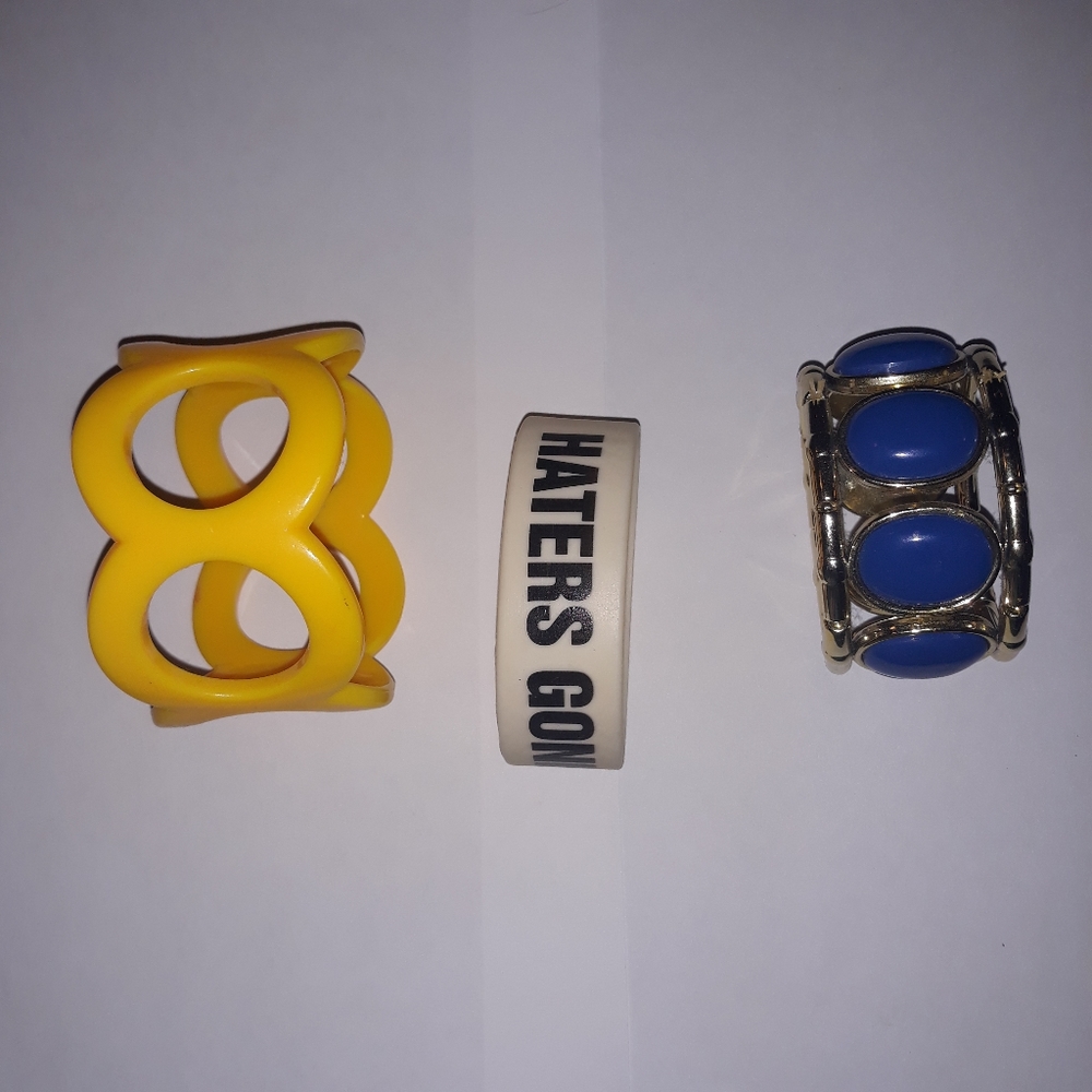 Three bracelets yellow blue white haters gonna hate